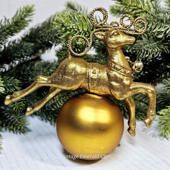 Vintage Golden Ready Reindeer On Glass Ball Christmas Tree Ornament W Bell 3d - Picture 12 of 14